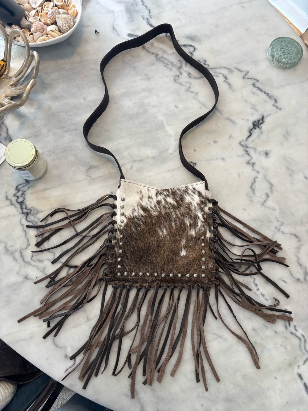 American West Cowhide Leather Fringe Crossbody Bag Studded Western Rodeo